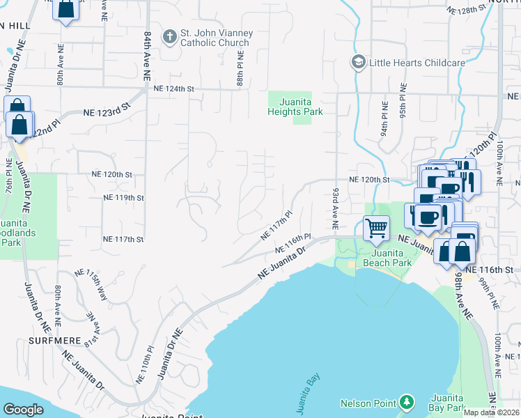 map of restaurants, bars, coffee shops, grocery stores, and more near 11846 89th Place Northeast in Kirkland