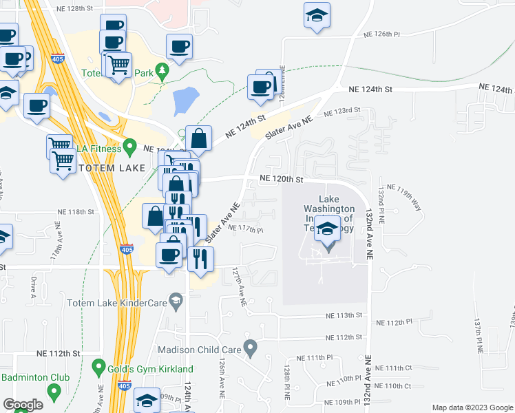 map of restaurants, bars, coffee shops, grocery stores, and more near 12607 Northeast 119th Street in Kirkland