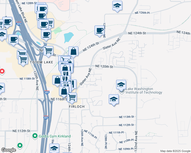 map of restaurants, bars, coffee shops, grocery stores, and more near 12614 Northeast 118th Street in Kirkland