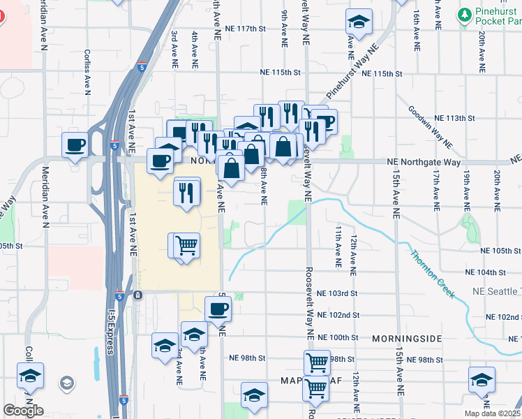 map of restaurants, bars, coffee shops, grocery stores, and more near 10732 8th Avenue Northeast in Seattle