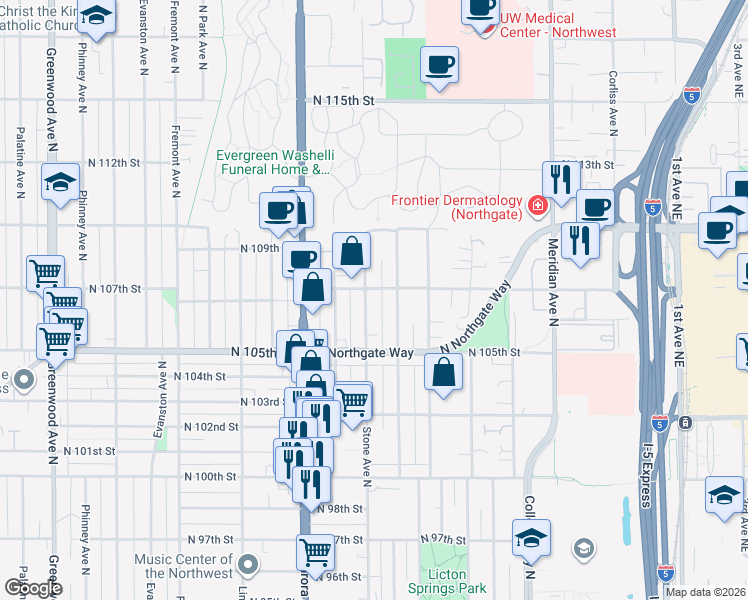 map of restaurants, bars, coffee shops, grocery stores, and more near 10550 Stone Avenue North in Seattle