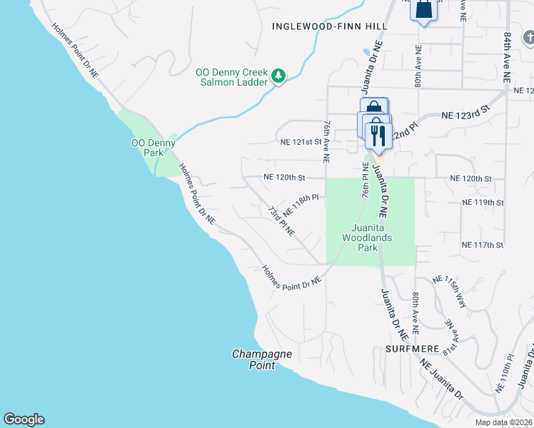 map of restaurants, bars, coffee shops, grocery stores, and more near 7223 Northeast 118th Court in Kirkland