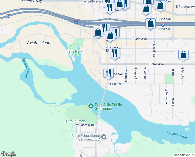 map of restaurants, bars, coffee shops, grocery stores, and more near 655 West Waterside Drive in Post Falls