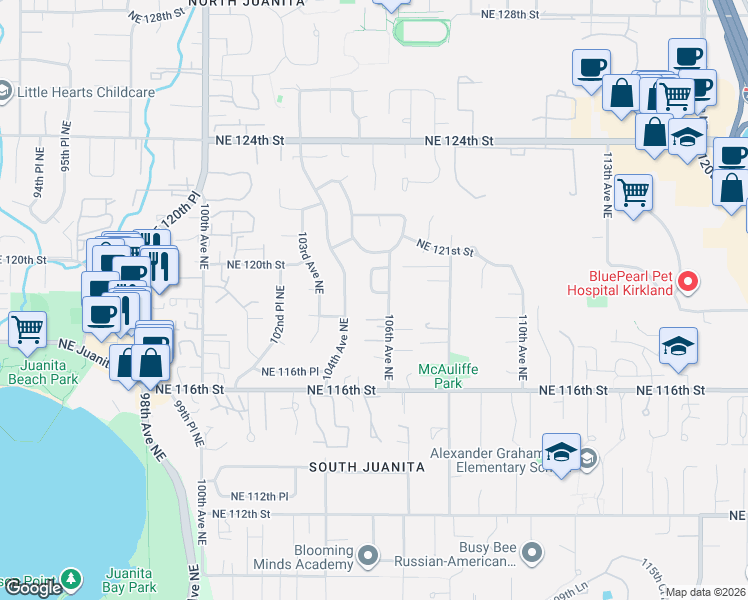 map of restaurants, bars, coffee shops, grocery stores, and more near 11717 106th Avenue Northeast in Kirkland