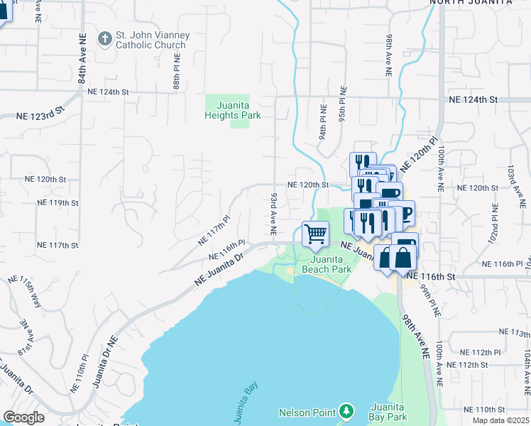 map of restaurants, bars, coffee shops, grocery stores, and more near 11717 93rd Avenue Northeast in Kirkland