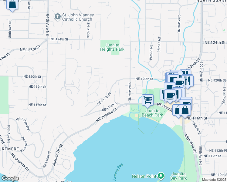 map of restaurants, bars, coffee shops, grocery stores, and more near 11617 91st Lane Northeast in Kirkland