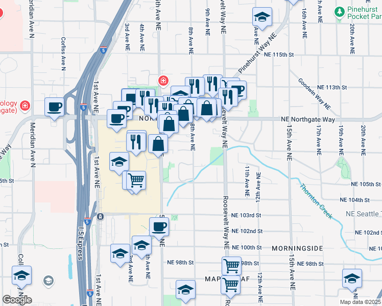map of restaurants, bars, coffee shops, grocery stores, and more near 10732 8th Avenue Northeast in Seattle