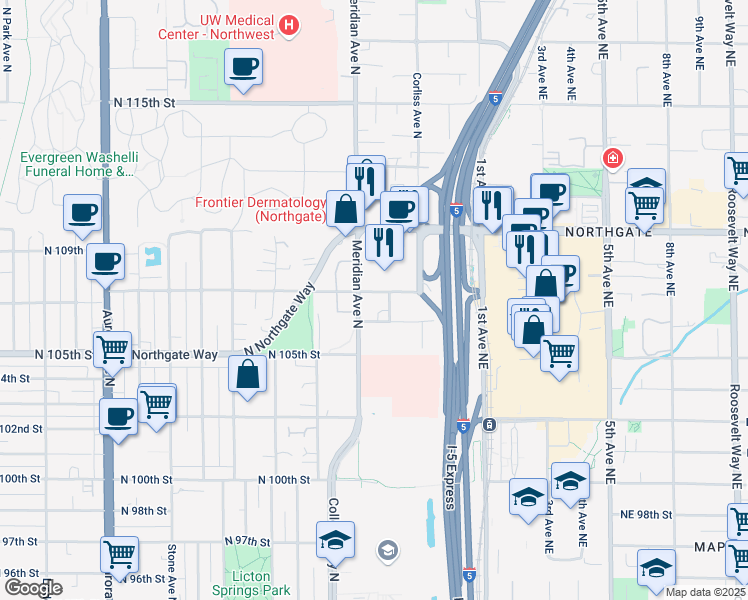 map of restaurants, bars, coffee shops, grocery stores, and more near in Seattle