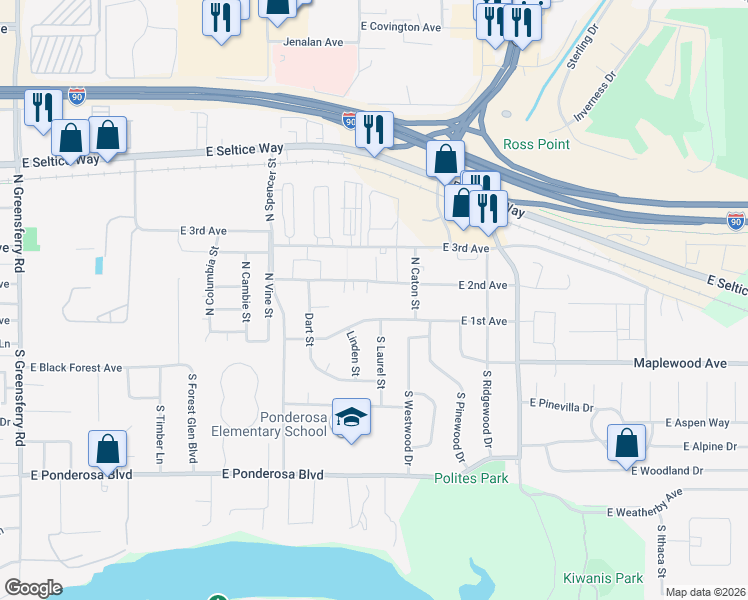 map of restaurants, bars, coffee shops, grocery stores, and more near 3540 East 1st Avenue in Post Falls