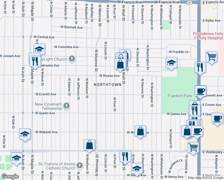 map of restaurants, bars, coffee shops, grocery stores, and more near 5311 North Post Street in Spokane