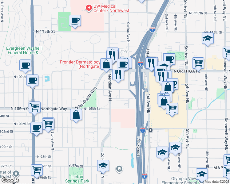 map of restaurants, bars, coffee shops, grocery stores, and more near in Seattle