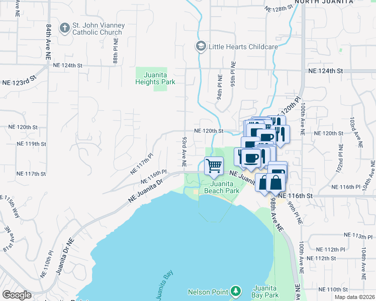 map of restaurants, bars, coffee shops, grocery stores, and more near 11815 93rd Lane Northeast in Kirkland