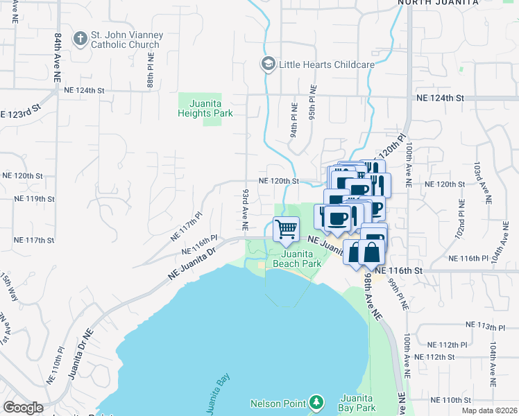 map of restaurants, bars, coffee shops, grocery stores, and more near 9311 Northeast 118th Lane in Kirkland