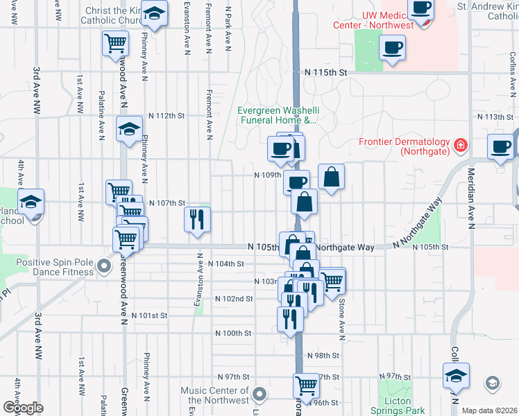 map of restaurants, bars, coffee shops, grocery stores, and more near 10529 Linden Avenue North in Seattle