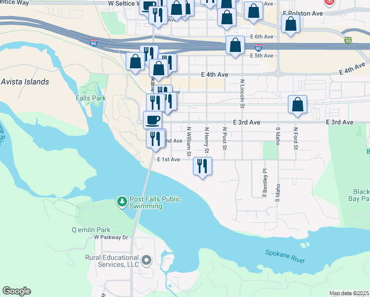 map of restaurants, bars, coffee shops, grocery stores, and more near 212 East 1st Avenue in Post Falls