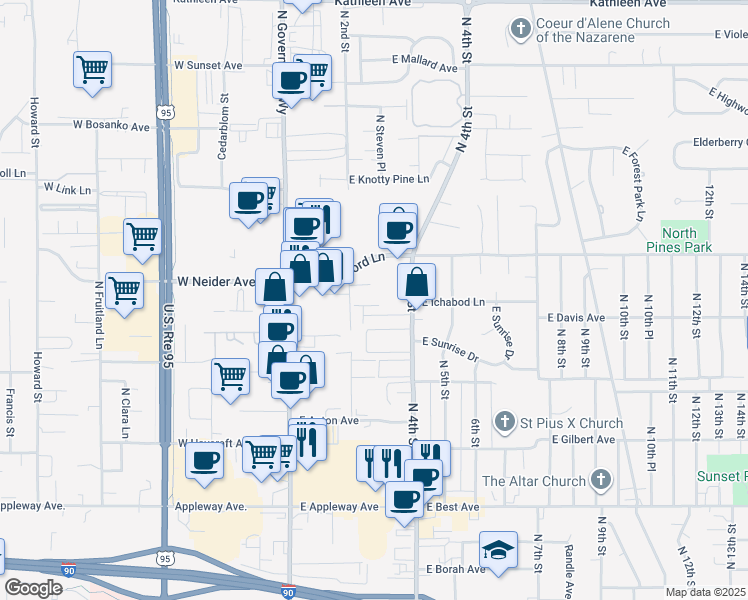 map of restaurants, bars, coffee shops, grocery stores, and more near 284 East Leadora Lane in Coeur d'Alene