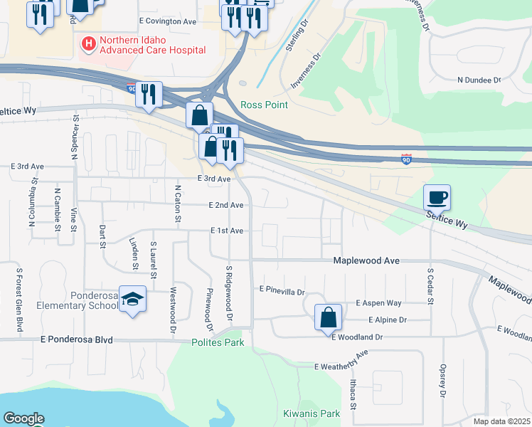 map of restaurants, bars, coffee shops, grocery stores, and more near 113 South Acer Loop in Post Falls