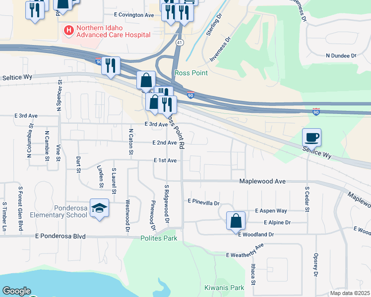 map of restaurants, bars, coffee shops, grocery stores, and more near 113 South Acer Loop in Post Falls