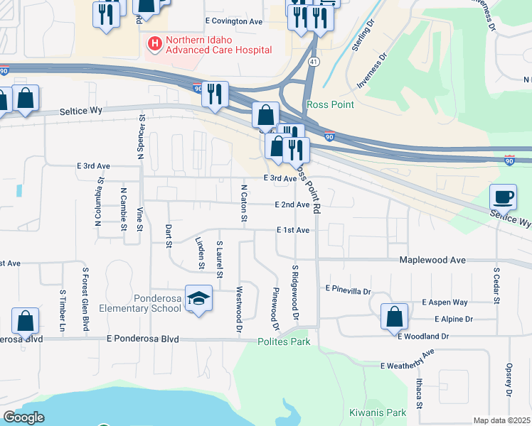 map of restaurants, bars, coffee shops, grocery stores, and more near 3770 East 1st Avenue in Post Falls