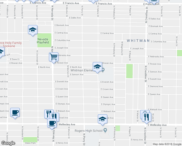 map of restaurants, bars, coffee shops, grocery stores, and more near 1503 East Everett Avenue in Spokane