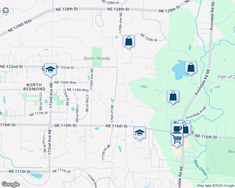 map of restaurants, bars, coffee shops, grocery stores, and more near 17812 Northeast 116th Street in Redmond