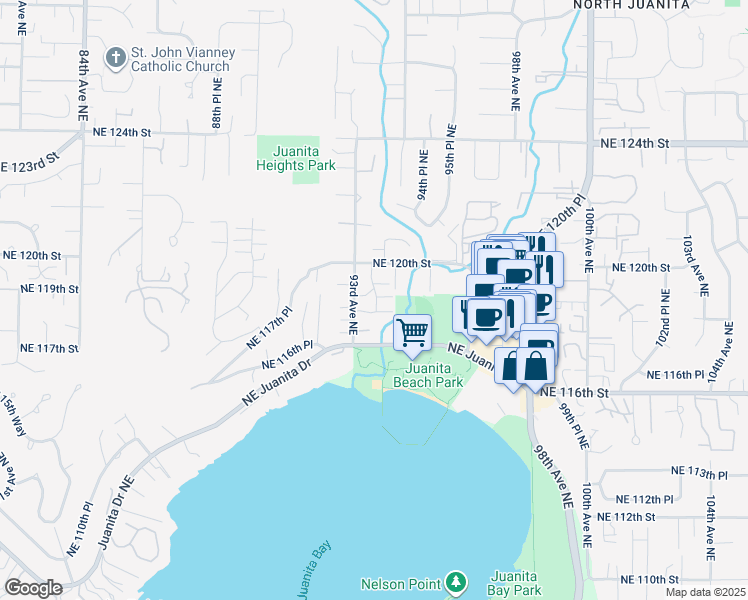 map of restaurants, bars, coffee shops, grocery stores, and more near 9307 Northeast 118th Lane in Kirkland