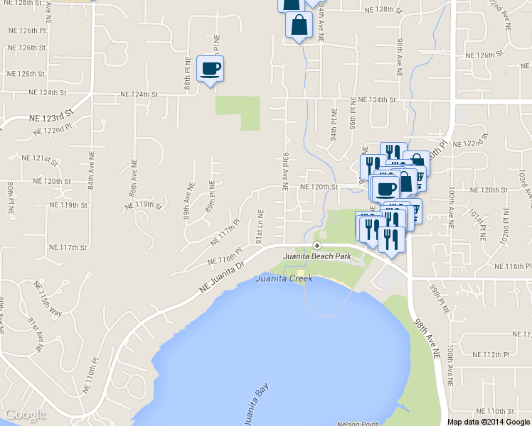 map of restaurants, bars, coffee shops, grocery stores, and more near 11717 93rd Avenue Northeast in Kirkland