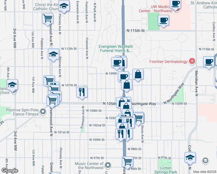 map of restaurants, bars, coffee shops, grocery stores, and more near 10529 Linden Avenue North in Seattle
