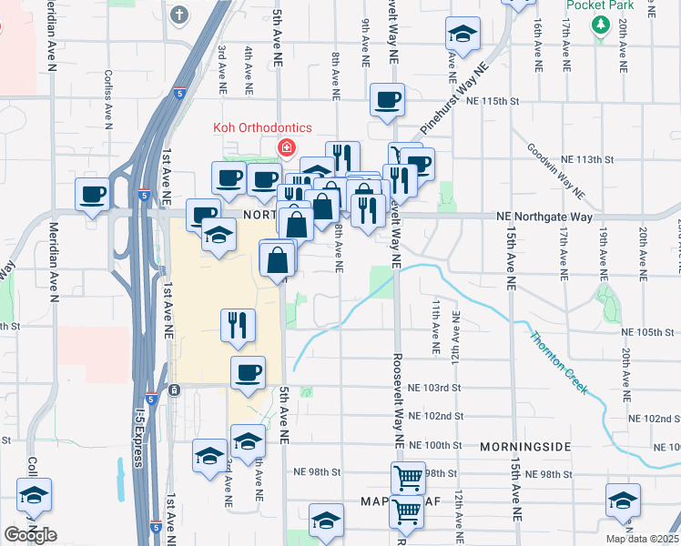 map of restaurants, bars, coffee shops, grocery stores, and more near 10732 8th Avenue Northeast in Seattle