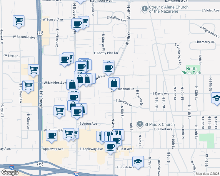 map of restaurants, bars, coffee shops, grocery stores, and more near 3221 North 4th Street in Coeur d'Alene