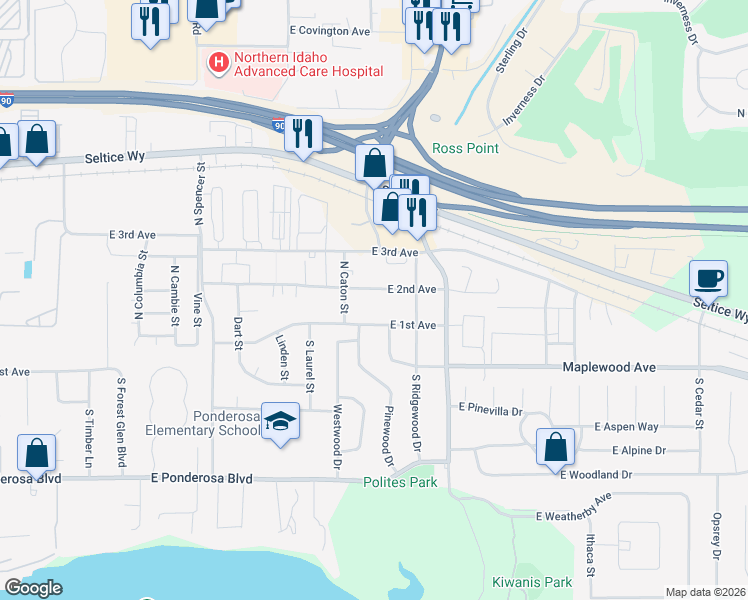 map of restaurants, bars, coffee shops, grocery stores, and more near 3800 East 2nd Avenue in Post Falls