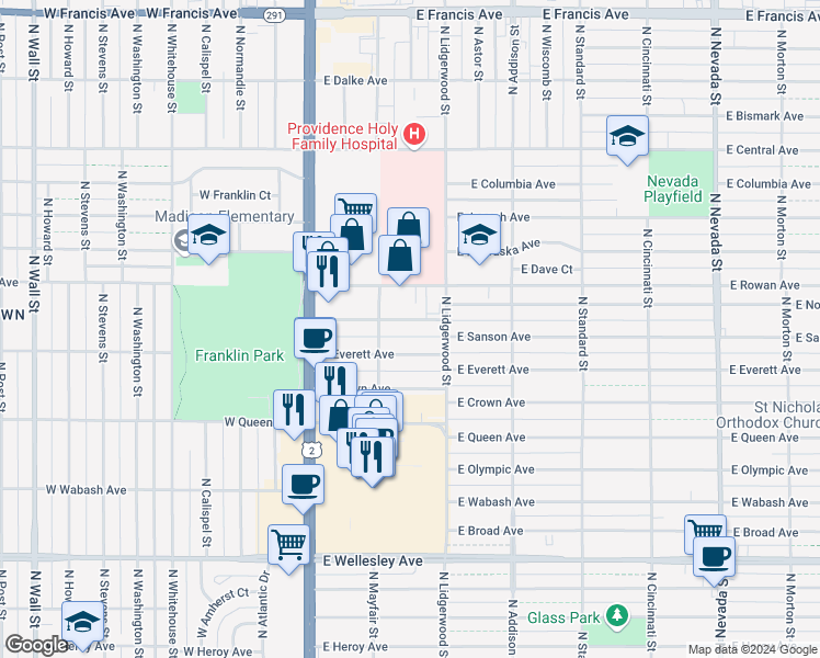 map of restaurants, bars, coffee shops, grocery stores, and more near 128 East Sanson Avenue in Spokane