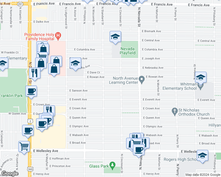 map of restaurants, bars, coffee shops, grocery stores, and more near 623 East Sanson Avenue in Spokane