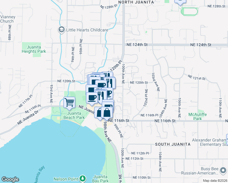 map of restaurants, bars, coffee shops, grocery stores, and more near 9904 Northeast 119th Court in Kirkland