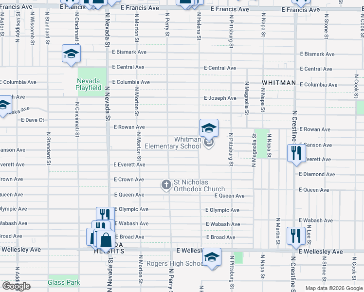map of restaurants, bars, coffee shops, grocery stores, and more near 1425 East Sanson Avenue in Spokane