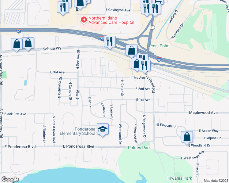 map of restaurants, bars, coffee shops, grocery stores, and more near 3653 East 2nd Avenue in Post Falls