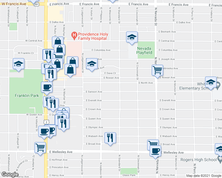 map of restaurants, bars, coffee shops, grocery stores, and more near 533 East North Avenue in Spokane