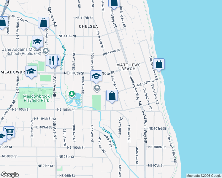 map of restaurants, bars, coffee shops, grocery stores, and more near 4060 Northeast 109th Street in Seattle