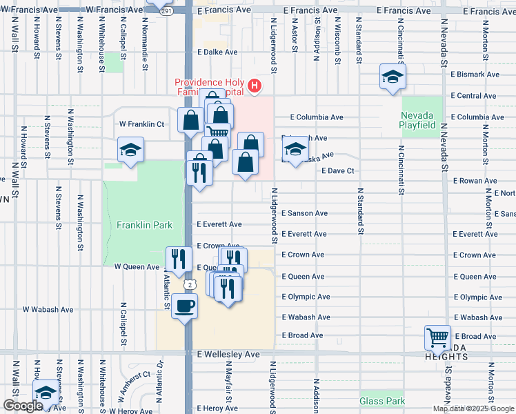 map of restaurants, bars, coffee shops, grocery stores, and more near 208 East Sanson Avenue in Spokane