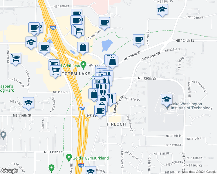 map of restaurants, bars, coffee shops, grocery stores, and more near 12093 124th Avenue Northeast in Kirkland