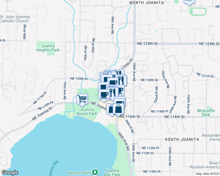 map of restaurants, bars, coffee shops, grocery stores, and more near 11718 97th Lane Northeast in Kirkland