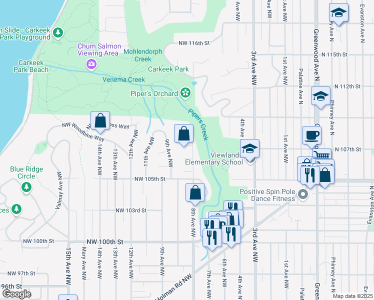 map of restaurants, bars, coffee shops, grocery stores, and more near 809 Northwest 108th Street in Seattle