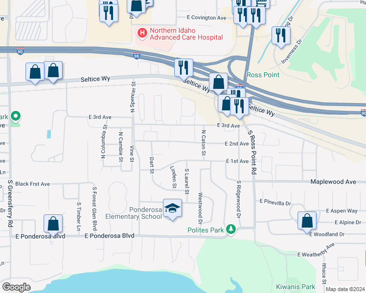 map of restaurants, bars, coffee shops, grocery stores, and more near 3578 East 2nd Avenue in Post Falls