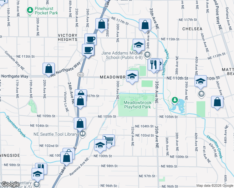 map of restaurants, bars, coffee shops, grocery stores, and more near 10700 30th Avenue Northeast in Seattle
