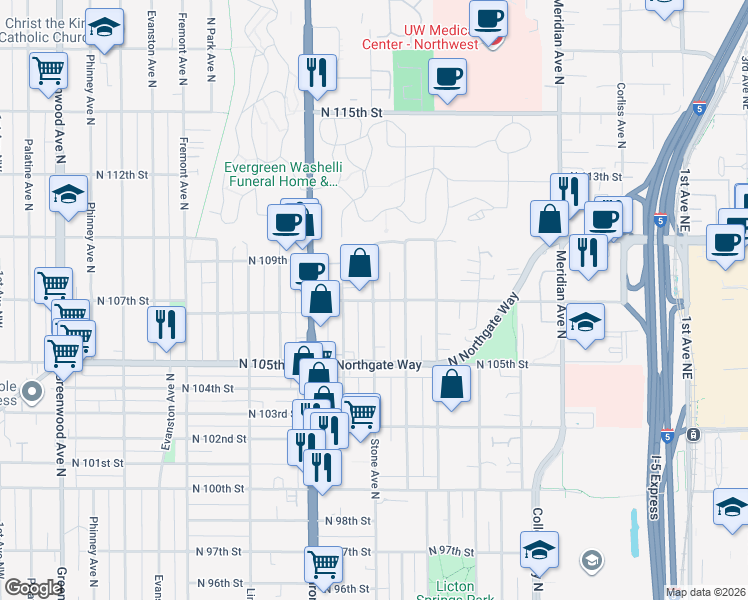 map of restaurants, bars, coffee shops, grocery stores, and more near Stone Ave N & N 107th St in Seattle