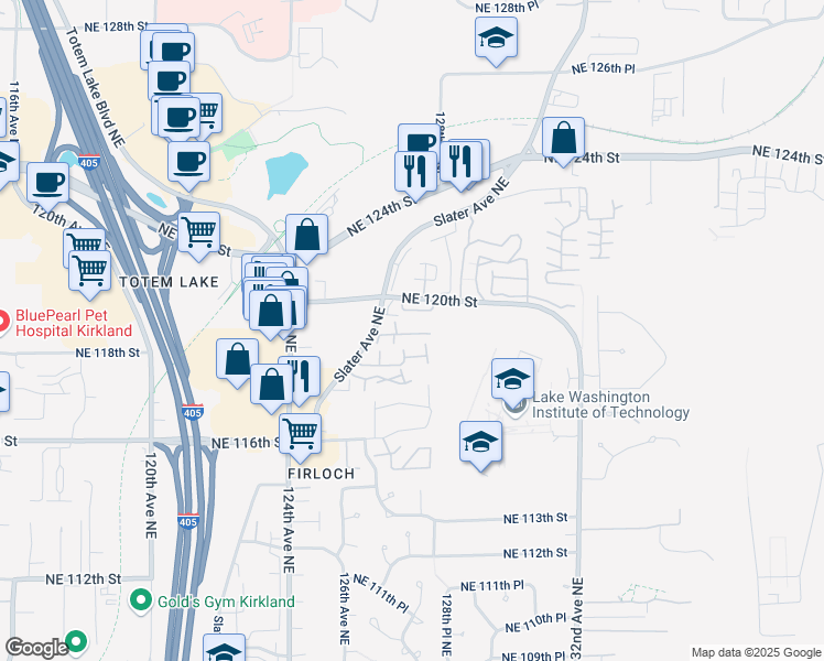 map of restaurants, bars, coffee shops, grocery stores, and more near 12715 Northeast 120th Street in Kirkland
