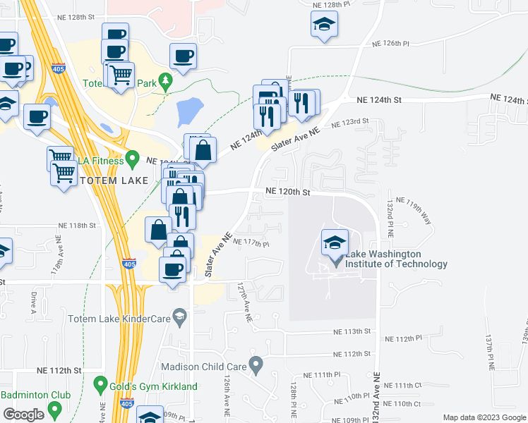 map of restaurants, bars, coffee shops, grocery stores, and more near 11930 Slater Avenue Northeast in Kirkland