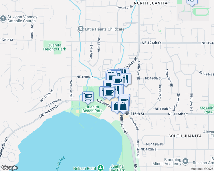 map of restaurants, bars, coffee shops, grocery stores, and more near 9702 Northeast 120th Place in Kirkland