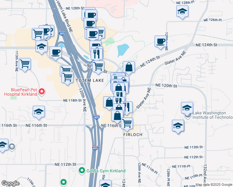 map of restaurants, bars, coffee shops, grocery stores, and more near 12093 124th Avenue Northeast in Kirkland