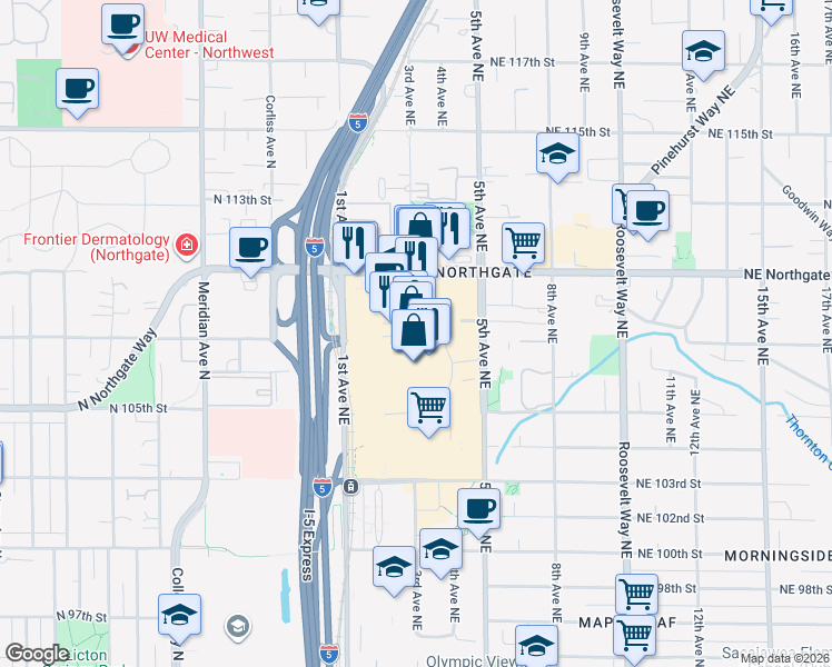 map of restaurants, bars, coffee shops, grocery stores, and more near 401 Northeast Northgate Way in Seattle